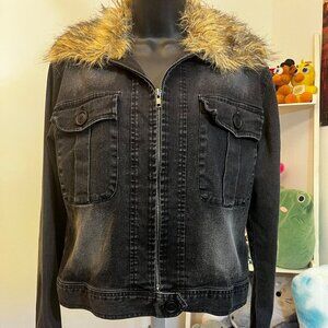 Judith March Black Denim Jacket Faux Fur Collar Women’s Size Small